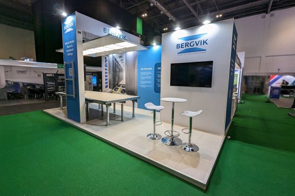 Custom build exhibition stand with a data centre suspended ceiling