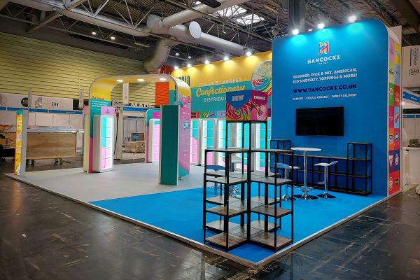 Multiple shelving units for displaying products at Foodex at the NEC